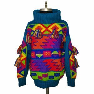 Vtg 80s Vibrant Wool Turtle Neck Tassel Sweater S